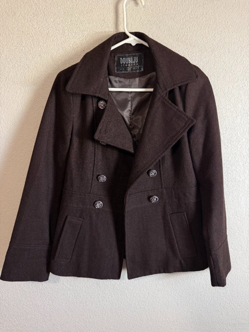 Women's Doublju Brown Double-Breasted Wool Blend Peacoat Size S
